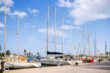 Sea port El Kantaoui, Tunisia. Many yachts moored to the pier.