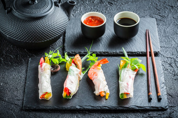 Spring rolls with vegetables and seafood