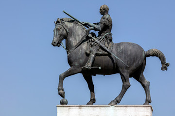 Equestrian statue of the Venetian general Gattamelata (Erasmo da Narni) in Padua, Italy. Cast in 1453 by Donatello, was the first full-size equestrian bronze cast since antiquity.