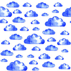 Blue watercolor clouds seamless pattern