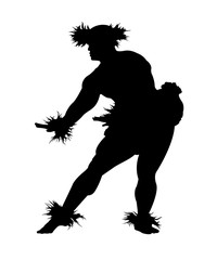 A black silhouette of a muscular male Hula dancer on a white background - obrazy, fototapety, plakaty