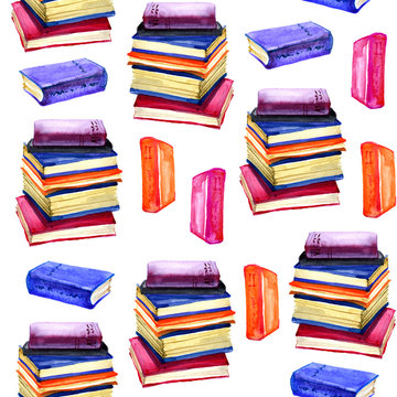 Watercolor books seamless pattern. Education hand drawn background