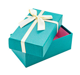 Blue open gift box with white bow.