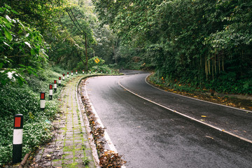 Obraz premium Dangerous high mountain wet asphalt road turn with beautiful sunlight beam at a rainy day. Curve of the road surrounded by green tropical forest.