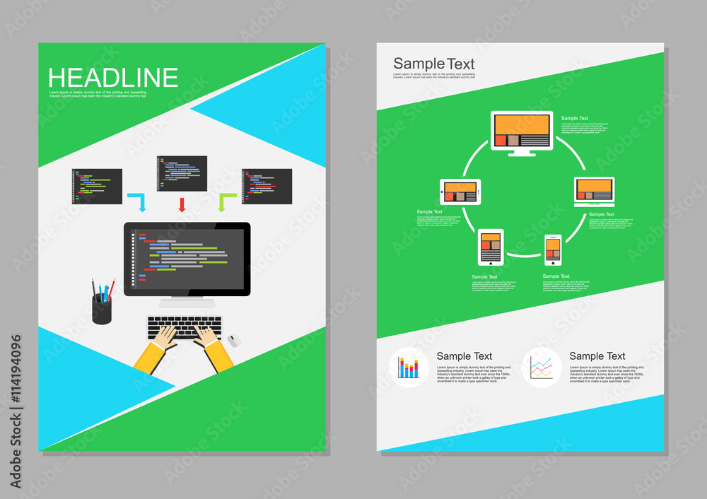 Aufkleber flyer design template. information technology infographic elements. it background. programming backg