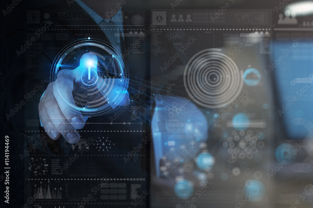Poster double exposure of businessman working with a cloud computing di