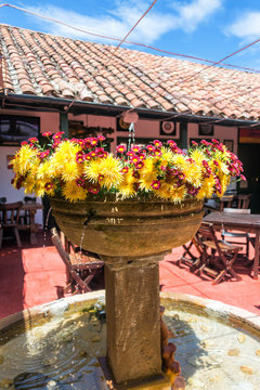 Stone fountain with colorful flowers in a colonial courtyard in Villa de Leyva, Colombia