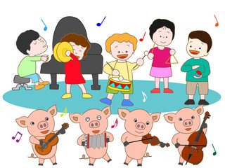 Obraz na płótnie Canvas 子豚と子供のコンサート