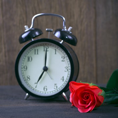 Valentine day background. Alarm clock with red love roses flower