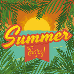 Fototapeta na wymiar Summer Sunset with Palms Scattered on the Beach, Vector Illustration
