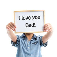 Boy holding whiteboard on white background with message i love y
