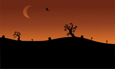 Fototapeta na wymiar Halloween witch flying in tomb silhouette