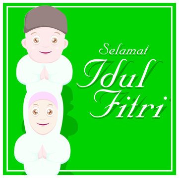  Greeting Card vector illustration of Eid Mubarak ( Blessing for Eid) with cartoon character