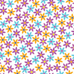 The backdrop of brightly colored flowers. Cheerful background with simple colors. Background pattern with cartoon flowers.