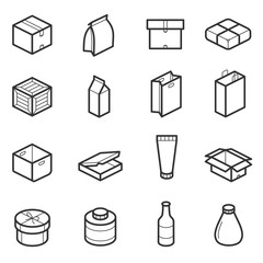 Packaging outline vector icons. Cargo goods and delivery, icon cardboard packaging. Container carton and parcel of packaging illustration