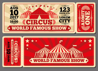 Circus magic show entrance vector tickets templates. Ticket for entrance to circus and illustration template ticket to event
