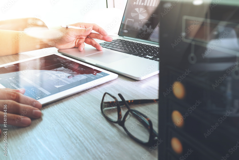 Aufkleber Website designer working digital tablet and computer laptop with