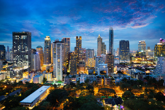 Bangkok city skyline at dusk, Business district area of Bangkok Thailand