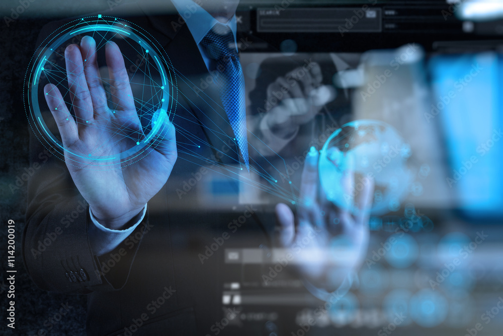 Poster double exposure photo of businessman working with new modern com