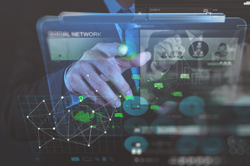 double exposure photo of businessman working with new modern com