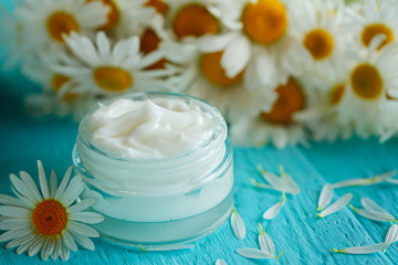 Obraz na płótnie Canvas Cosmetic cream with camomile flower or a body and face on blue w
