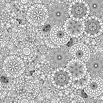 Various Floral Circular Shapes As Seamless Pattern With Subtle Heart And Radiating Wavy Objects