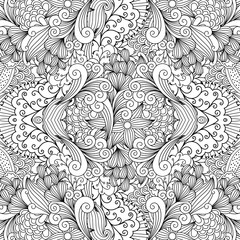Fototapeta premium Outlined design of seamless decorative textile pattern with elegant wavy flower and leaf type shapes