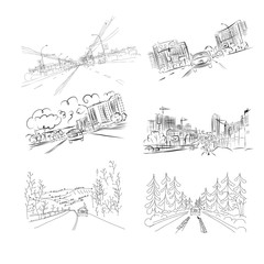 Cars on city road, set of hand drawn illustrations for your design