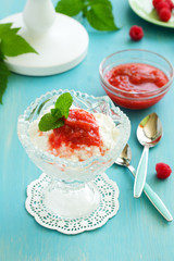 Dessert ricotta with homemade rhubarb compote.