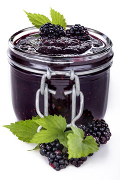 fresh homemade blackberry jam on white background