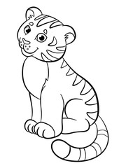 Coloring pages. Wild animals. Little cute baby tiger smiles.