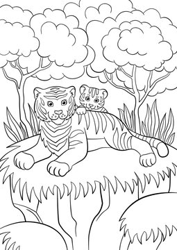 Coloring pages. Wild animals. Smiling mother tiger with her little cute baby tiger.