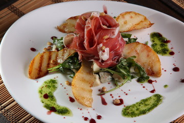meat with grilled PEAR and pesto