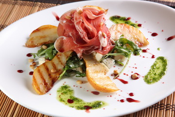 meat with grilled PEAR and pesto