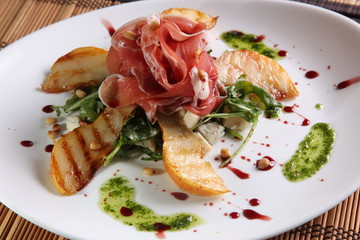 meat with grilled PEAR and pesto