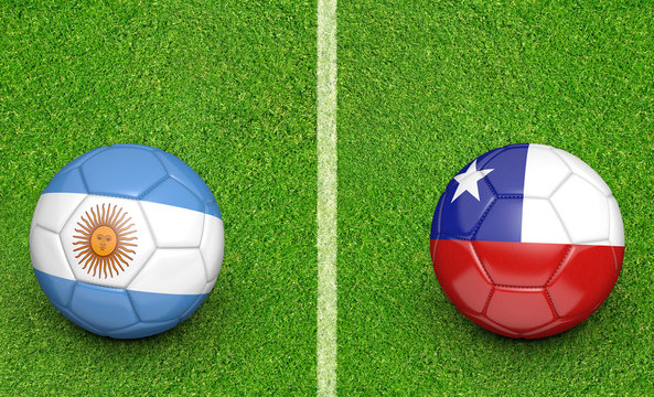 Team balls for Argentina vs Chile football tournament match, 3D rendering