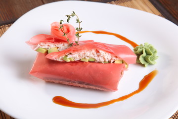 Oriental-style rolls with wasabi sauce