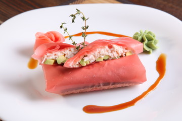 Oriental-style rolls with wasabi sauce
