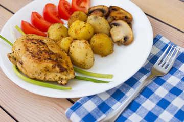 fried chicken fillet with potatoes tomatoes and mushrooms