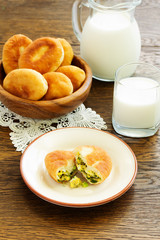 Homemade cakes with egg and onion. Russian kitchen.