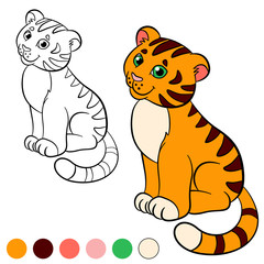 Coloring page. Color me: tiger. Little cute baby tiger smiles.