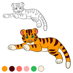 Coloring page. Color me: tiger. Little cute baby tiger lays and smiles.