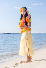 Hula Hawaii dancer dancing on the beach