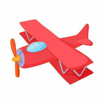 Red biplane icon, cartoon style