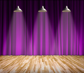 Background. Lamp with lighting on stage. Lamp with purple curtain and wooden floor interior...