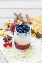 yogurt  strawberry  cherries and blueberries corn flakes