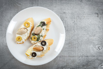 Tasty various italian sandwiches with seafood