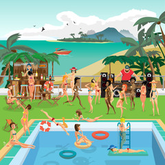 Party outdoor swimming pool on the beach in the tropics. Dj, bar