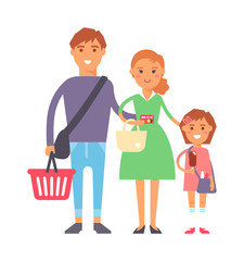 Happy family portrait in supermarket shopping together vector characters. Shopping family fun together and cartoon family joy together. Parent leisure cheerful portrait family.