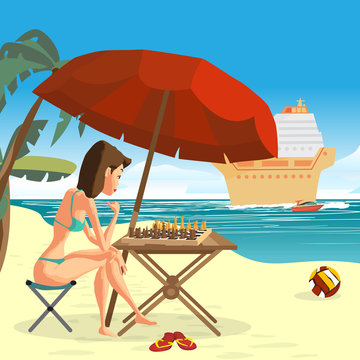Young woman in a bikini playing chess with herself sitting on th